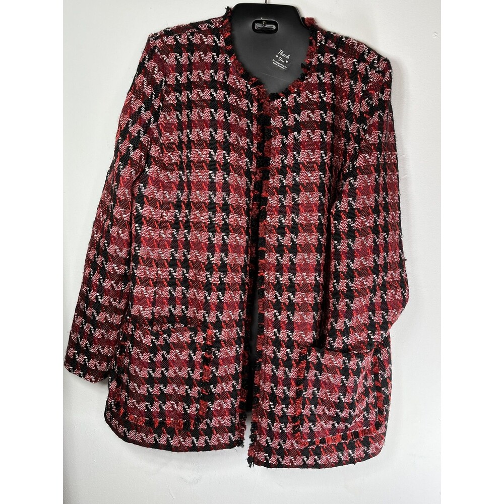 Chico's Jacket Womens 2 L Red Black Tweed Check Fringe Open Front Pockets